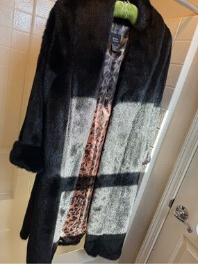 dennis basso Black Faux Fur Trench Coat with Leopard Print Lining